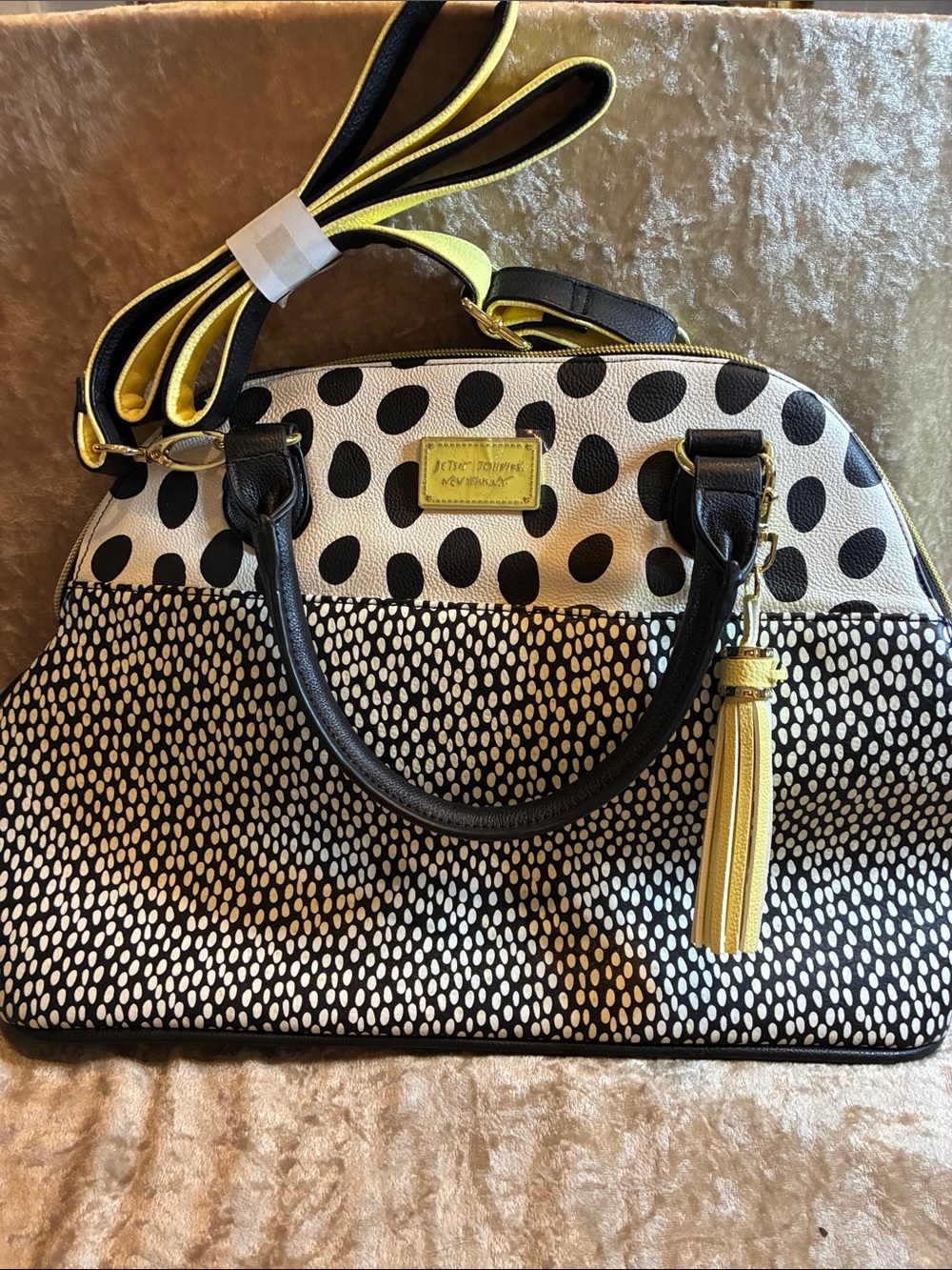 Betsey Johnson Black & White Polka Dot Satchel with Yellow Accents